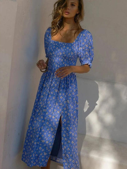 DressBetty - Midi Dress Vintage Floral Print Split Blue Sundress Elegant Party Beach Dress