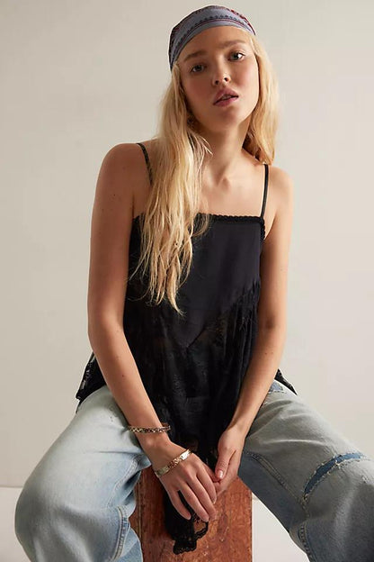 Lace - Trimmed Asymmetric Black Camisole Mini Dress