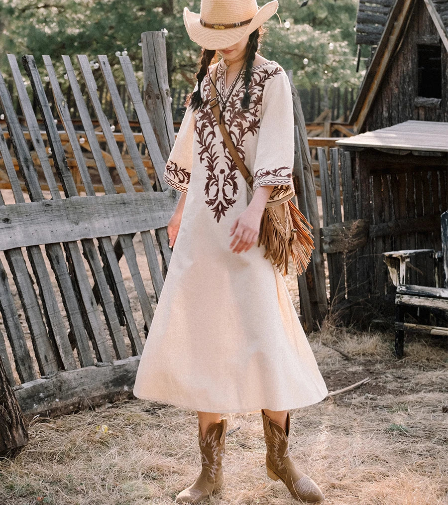 DressBetty - 2024 Vintage V Neck Boho Cotton Linen Floral Embroidery Long Boho Dress