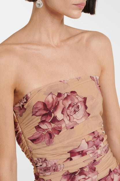 Taysia Floral Strapless Ruched Midi Dress