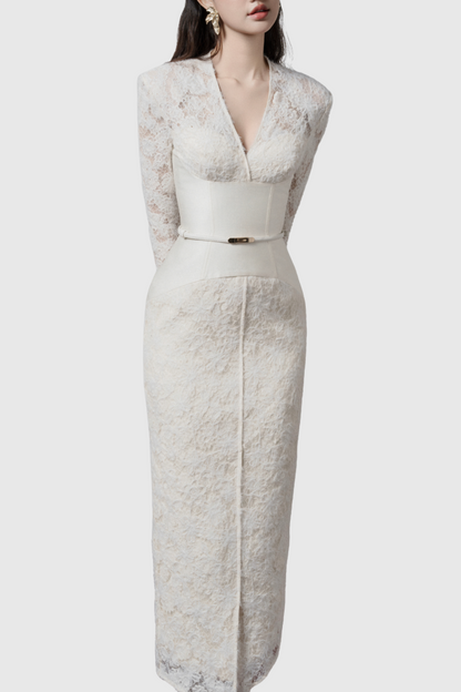 Thadda Lace Corset Belted Midi Dress