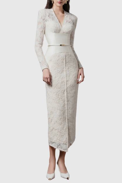 Thadda Lace Corset Belted Midi Dress