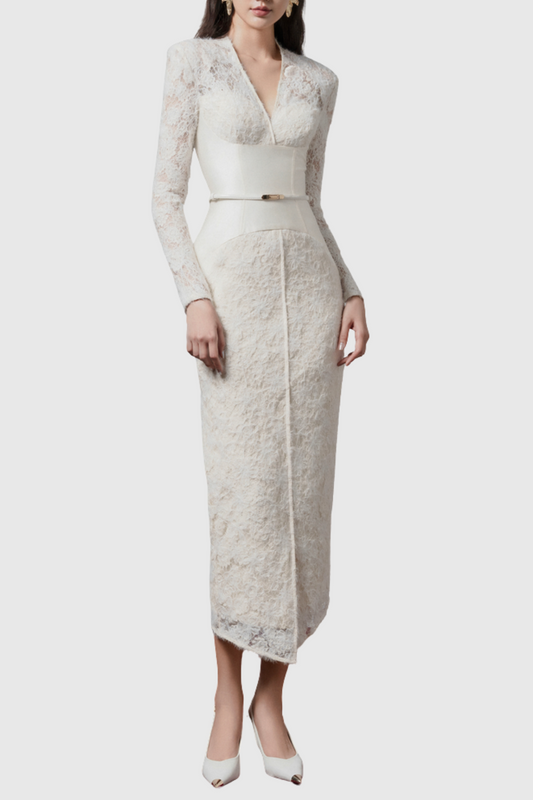 Thadda Lace Corset Belted Midi Dress