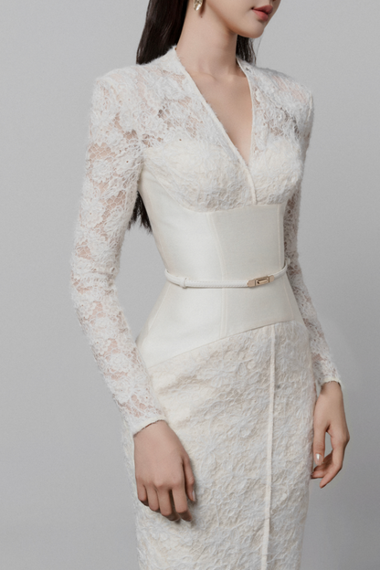 Thadda Lace Corset Belted Midi Dress