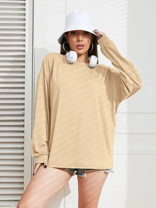 DressBetty - 2024 Solid Simplicity Round Neck Long Sleeve Tee