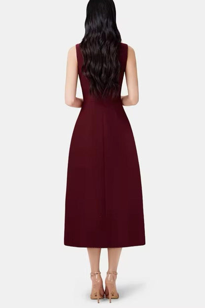 Vequa Asymmetric Collar Sleeveless Midi Dress - Wine