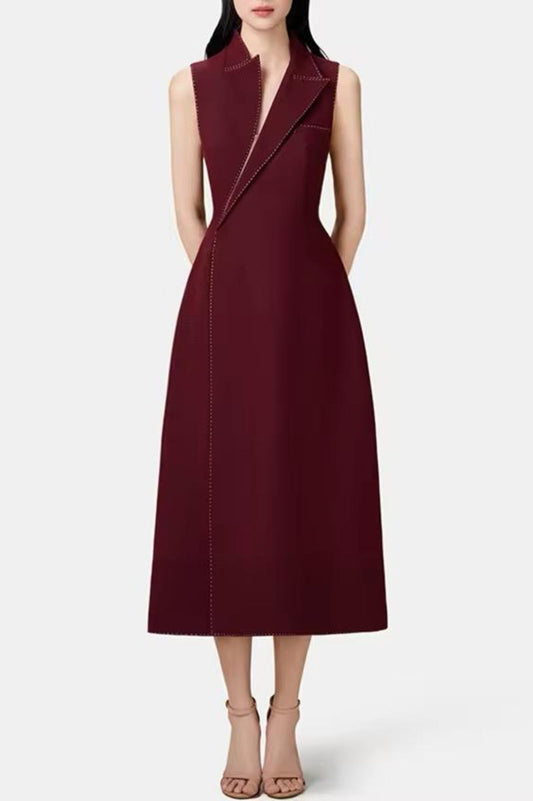 Vequa Asymmetric Collar Sleeveless Midi Dress - Wine