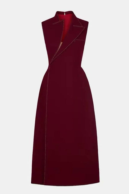 Vequa Asymmetric Collar Sleeveless Midi Dress - Wine