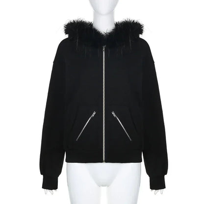 Gothic Graphic Print Rhinestones Zip Up Streetwear Hip Hop Hoodie