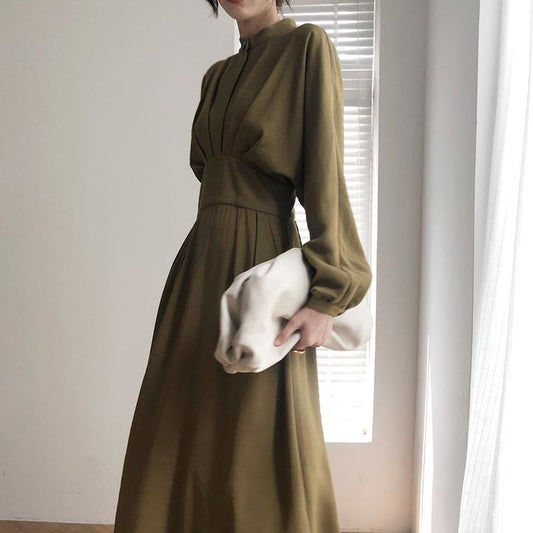 DressBetty - Vintage Long Sleeve Elegant Autumn Bodycon Dress Slimming Pleated Stand Collar Midi Dress