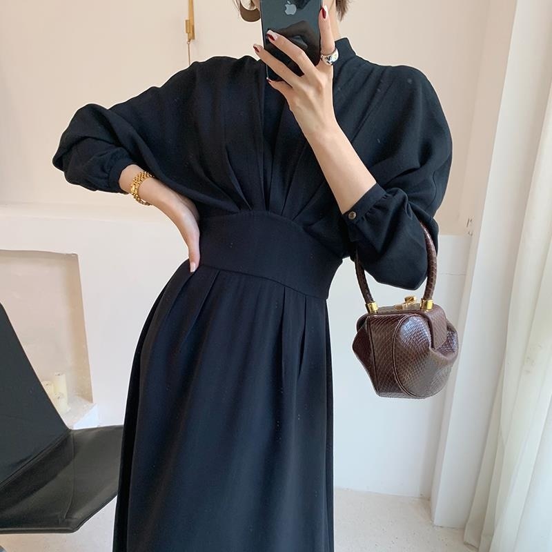 DressBetty - Vintage Long Sleeve Elegant Autumn Bodycon Dress Slimming Pleated Stand Collar Midi Dress