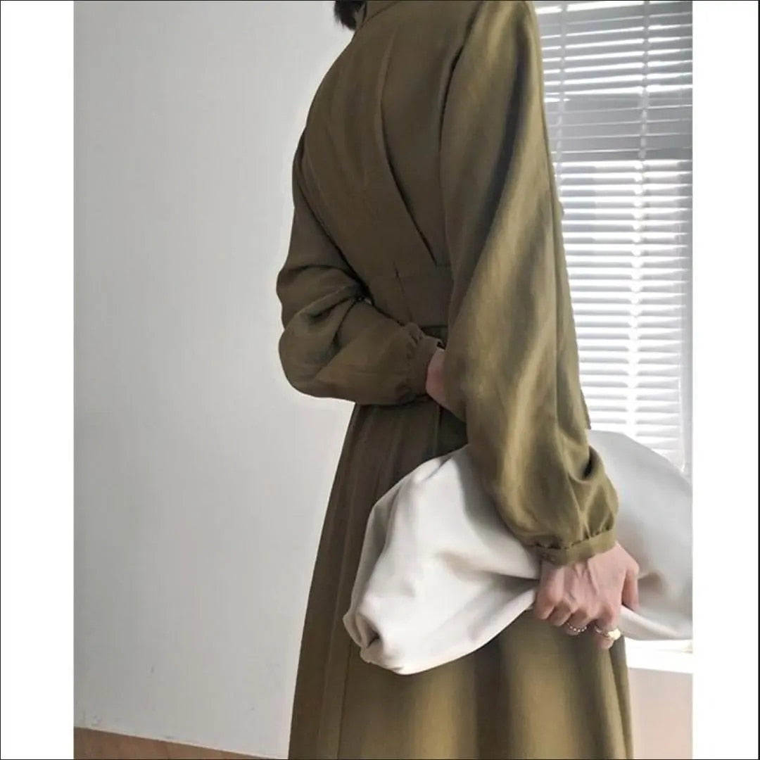 DressBetty - Vintage Long Sleeve Elegant Autumn Bodycon Dress Slimming Pleated Stand Collar Midi Dress