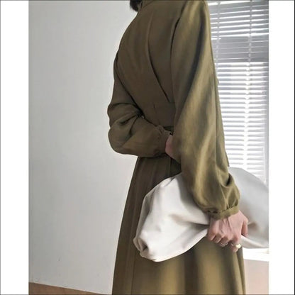 DressBetty - Vintage Long Sleeve Elegant Autumn Bodycon Dress Slimming Pleated Stand Collar Midi Dress