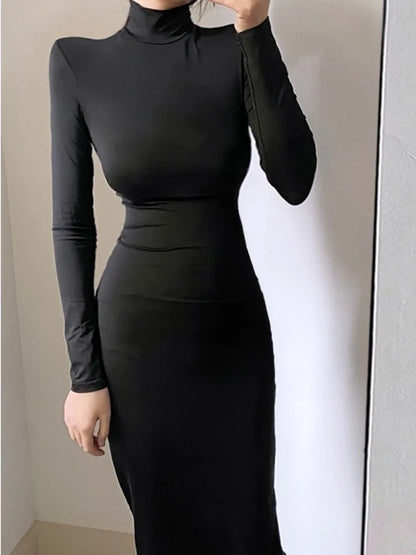 DressBetty - 2024 Korean Women Slim Stand Collar Black Maxi Dress