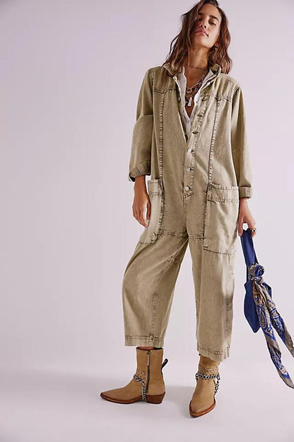 Beige Denim Utility Jumpsuit