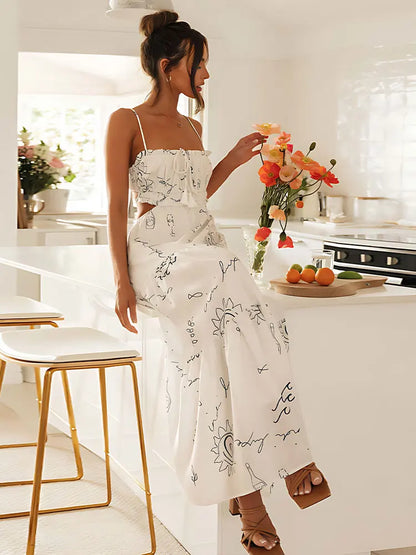 DressBetty - 2024 Sweet White Graffiti Print V-Neck Tassel Sleeveless Floral Dress