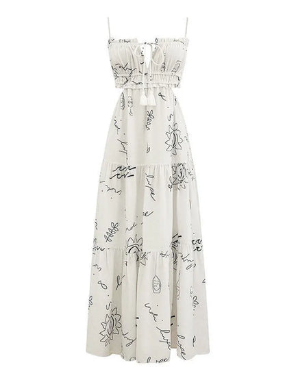 DressBetty - 2024 Sweet White Graffiti Print V-Neck Tassel Sleeveless Floral Dress