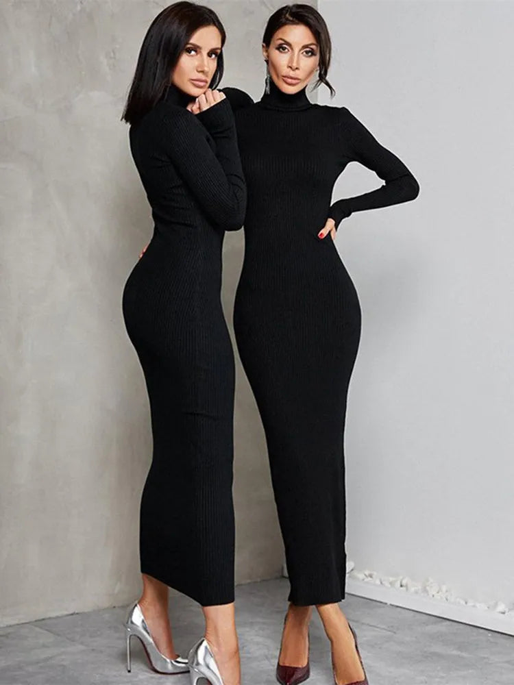DressBetty - 2024 Elegant Spring Turtleneck Knitted Ribbed Sheath Midi Bodycon Dress