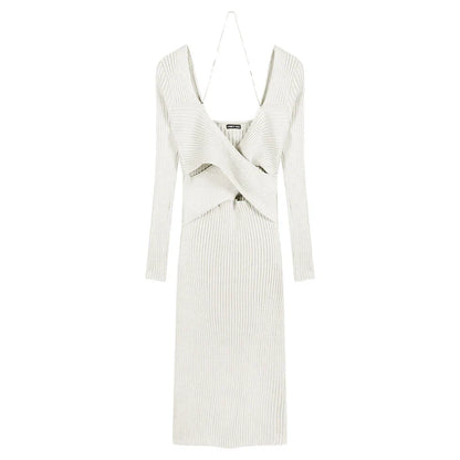 DressBetty - 2024 Elegant V-Neck Solid Y2K Designer Knitted Maxi Dress