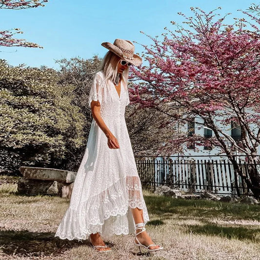 DressBetty - 2024 Bohemian Spaghetti Strap Floral Lace Beach Maxi Dress