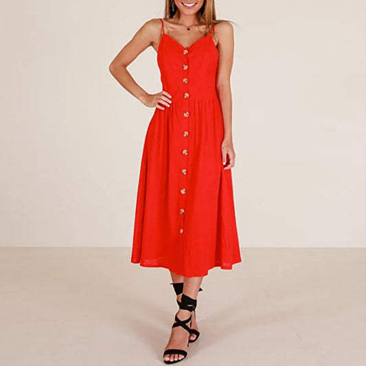 Printed Suspender Collar Red Midi Dress