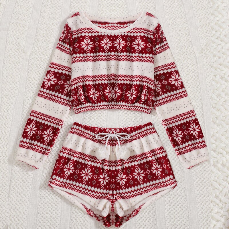 DressBetty - Christmas Flannel Pajamas Set Long Sleeve Crop Top Shorts 2Pcs Sleepwear