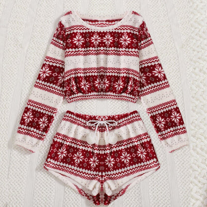 DressBetty - Christmas Flannel Pajamas Set Long Sleeve Crop Top Shorts 2Pcs Sleepwear