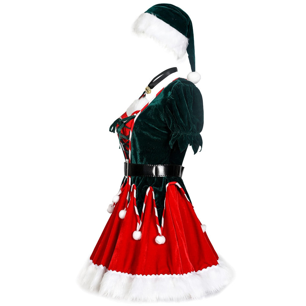 DressBetty - Christmas Santa Claus Costume Funny Green Elf Cosplay 5Pcs Set
