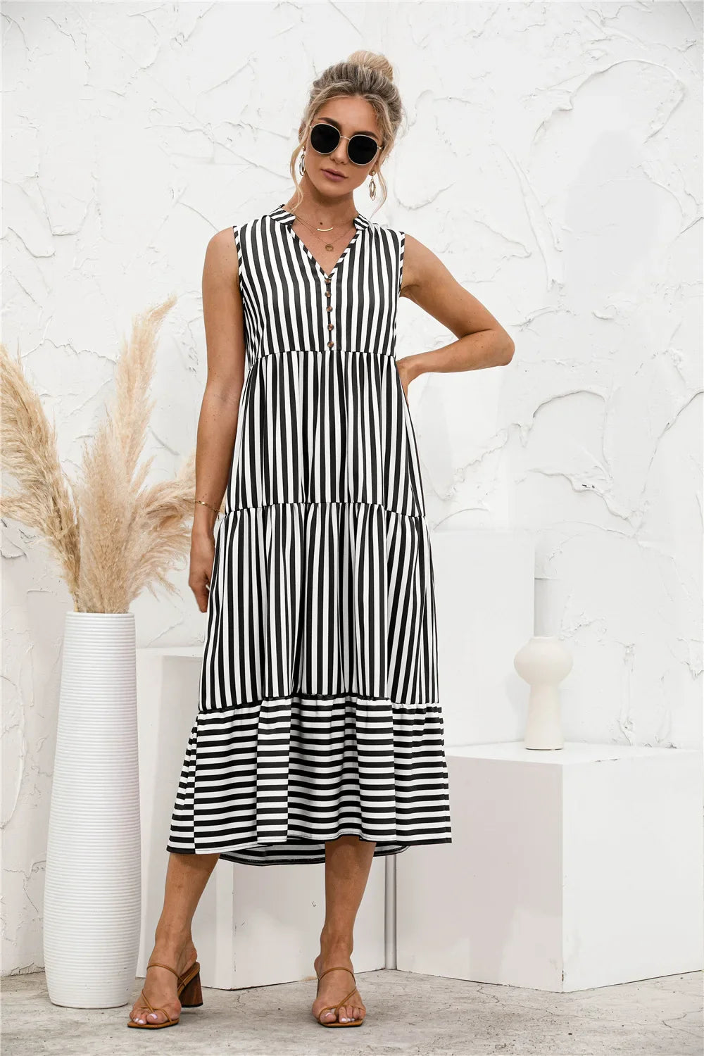 DressBetty - 2024 Elegant Striped V-Neck Lantern Sleeve Boho Dress