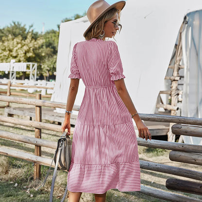 DressBetty - 2024 Elegant Striped V-Neck Lantern Sleeve Boho Dress