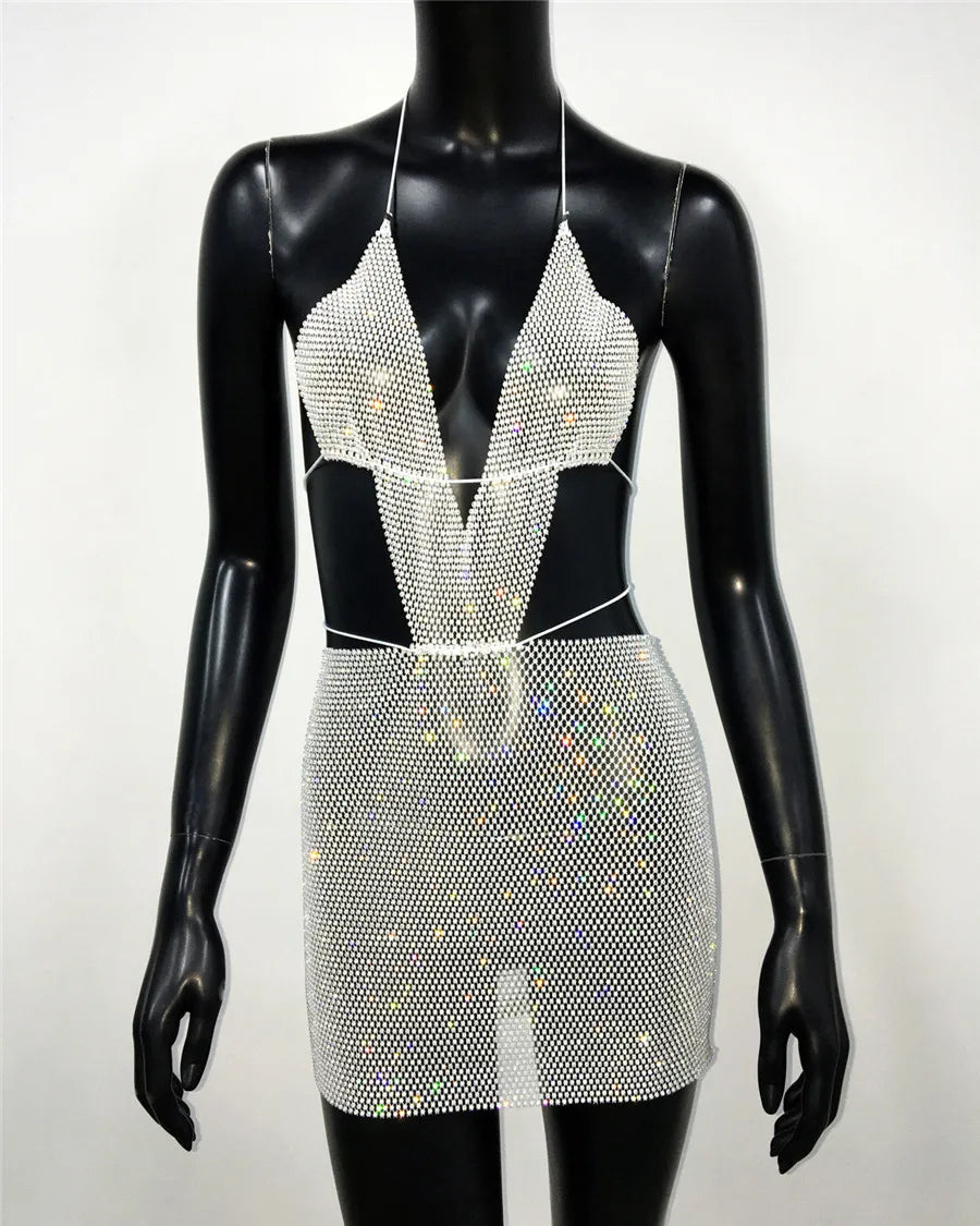 DressBetty - 2024 Glitter Diamond Backless Halter Neck Mini Dress Cut Out Dresses