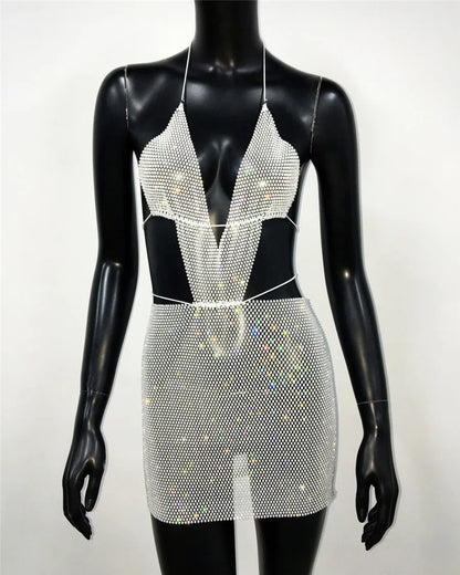 DressBetty - 2024 Glitter Diamond Backless Halter Neck Mini Dress Cut Out Dresses