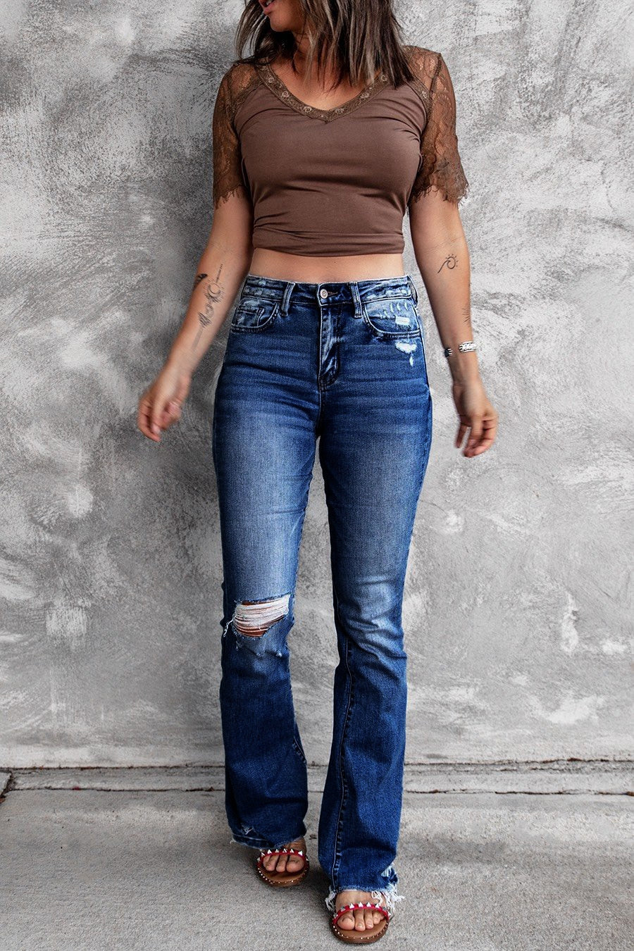 DressBetty - Holes Ripped Tassel Flare Jeans High Waist Denim Ladies Vintage Stretch Slim Jeans