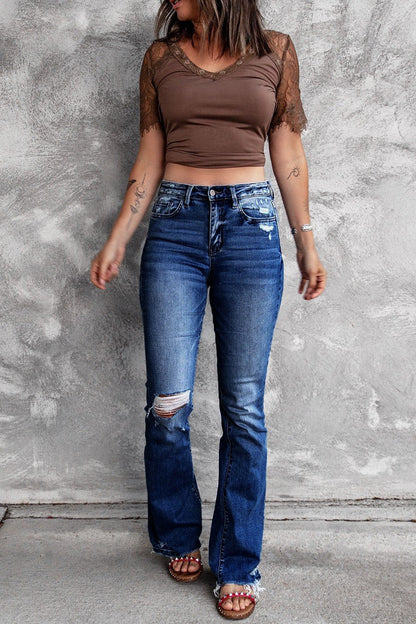 DressBetty - Holes Ripped Tassel Flare Jeans High Waist Denim Ladies Vintage Stretch Slim Jeans