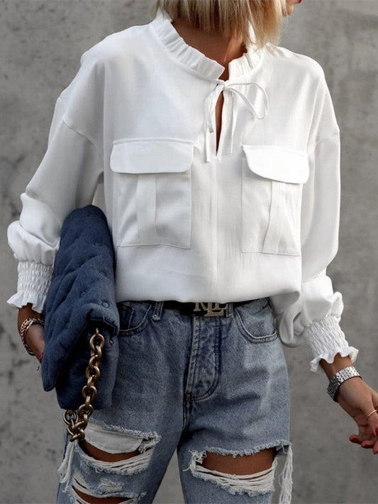 DressBetty - Ruffle Collar Tie Up Blouse
