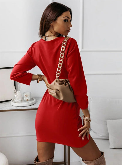 DressBetty - Solid Color Dresses V-Neck Long Sleeve Slim Mini Dress