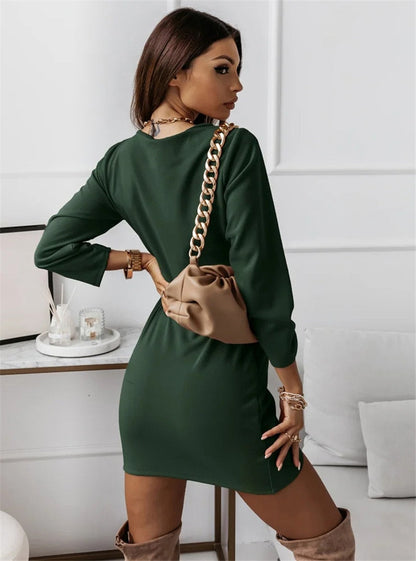 DressBetty - Solid Color Dresses V-Neck Long Sleeve Slim Mini Dress