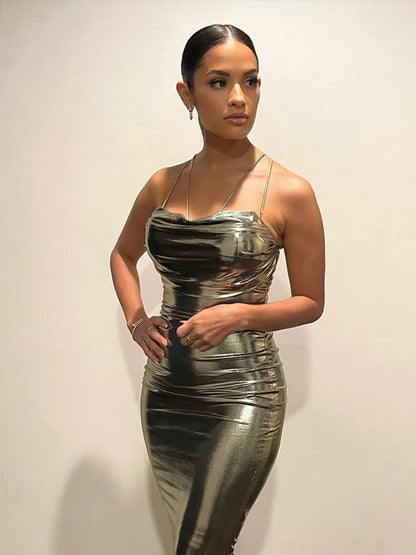 DressBetty - 2024 Elegant Gold Spaghetti Strap Backless Maxi Dress