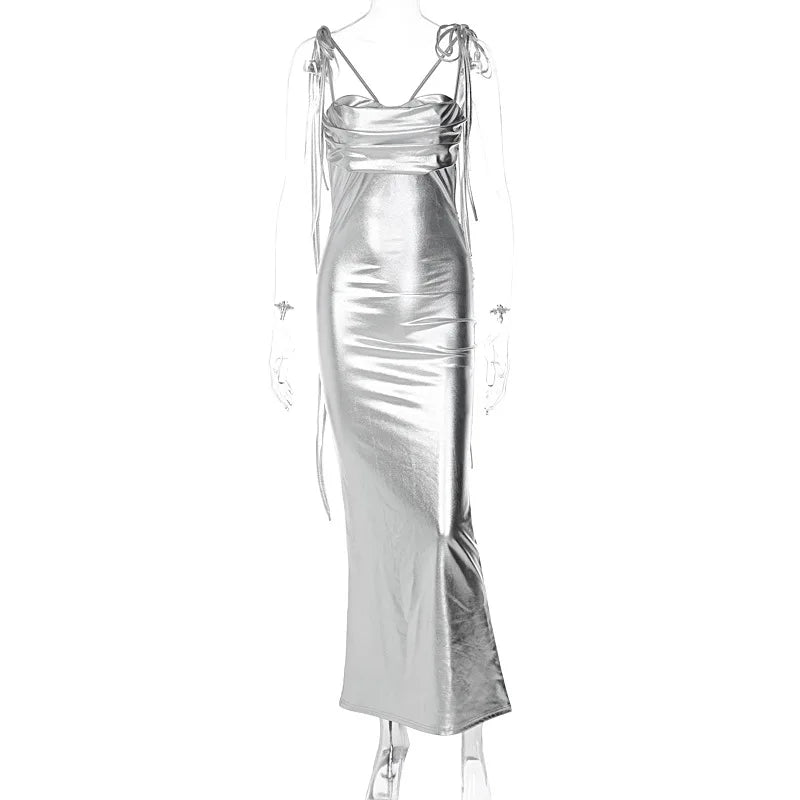 DressBetty - 2024 Elegant Gold Spaghetti Strap Backless Maxi Dress