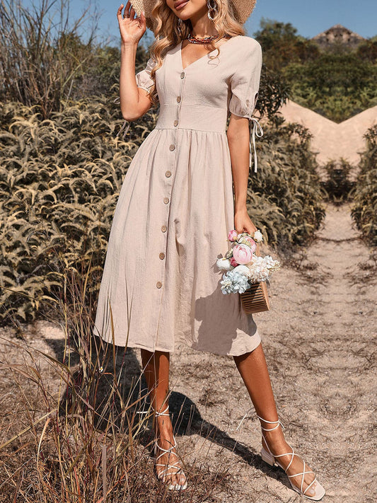 DressBetty - Women Vintage Holiday V Neck Buttons High Waist A-Line Casual Dress