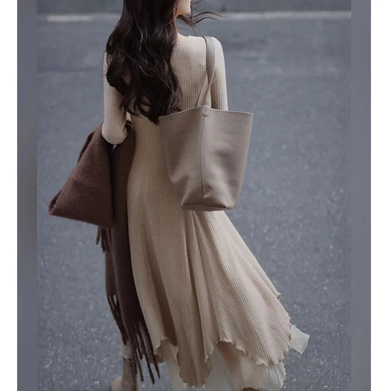 Knit Waist Skirt Midi Dress