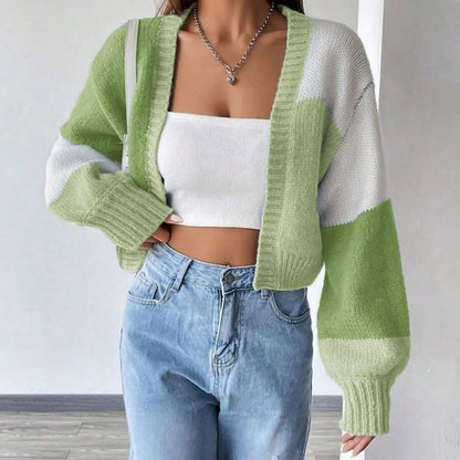 Short Open Color Block Checkered Casual Crochet Cardigan Sweater
