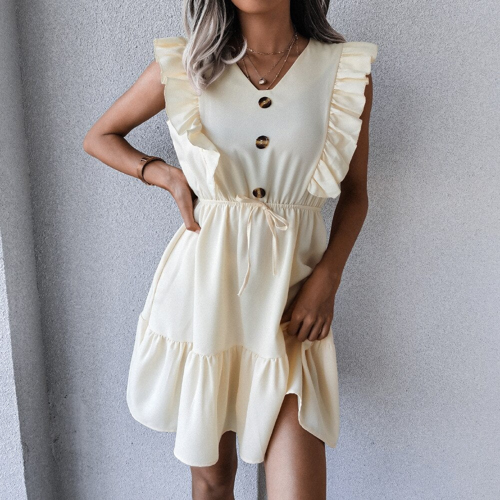 DressBetty - V Neck Ruffled Single Breasted Dress