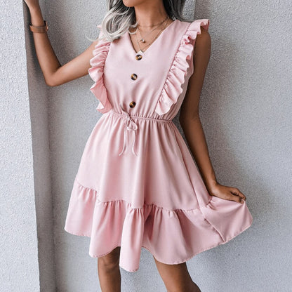 DressBetty - V Neck Ruffled Single Breasted Dress