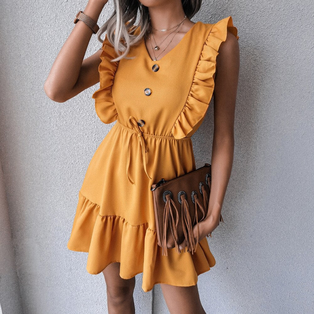 DressBetty - V Neck Ruffled Single Breasted Dress