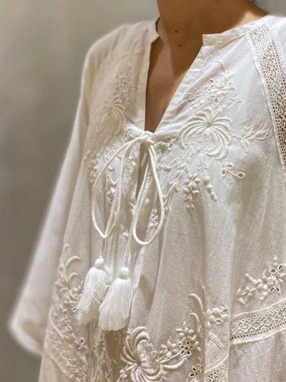 DressBetty - 2024 Elegant Embroidered White Lace V-Neck Boho Dress