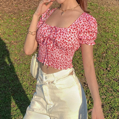 DressBetty - Butterfly Print Square Collar Blouse