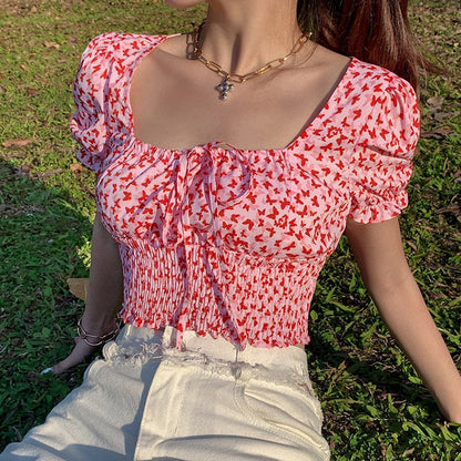 DressBetty - Butterfly Print Square Collar Blouse