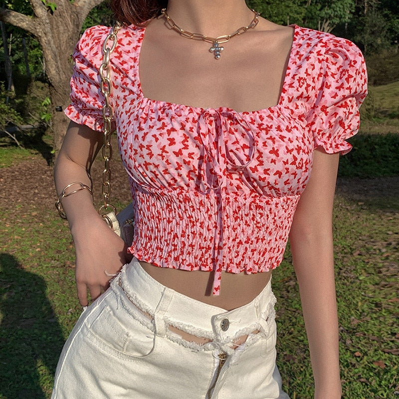 DressBetty - Butterfly Print Square Collar Blouse