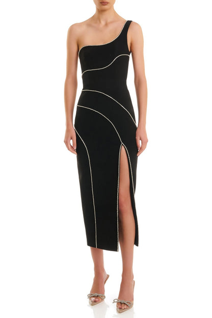 Zoraida Diamante One Shoulder Split Midi Bandage Dress